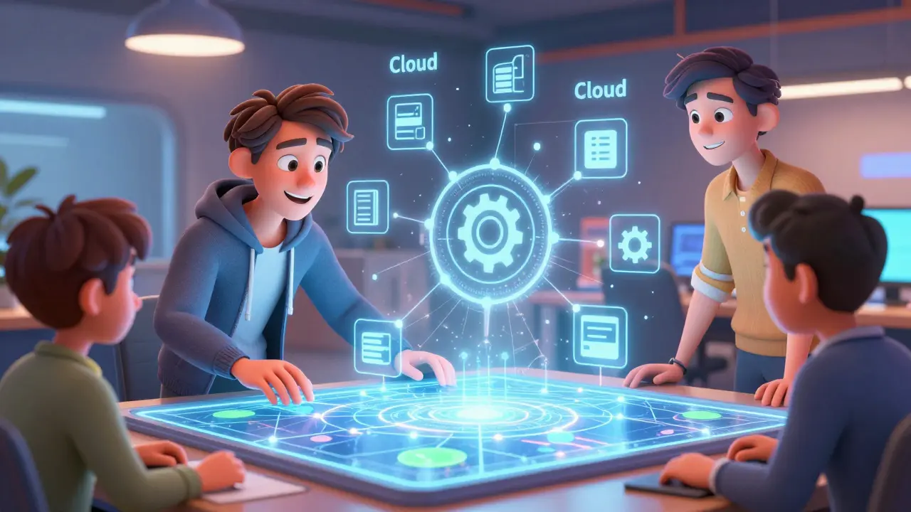 An engineer and educator collaborating over a glowing holographic skill map.