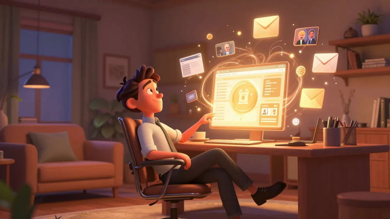 An entrepreneur happily merging various business tools into one unified digital dashboard.