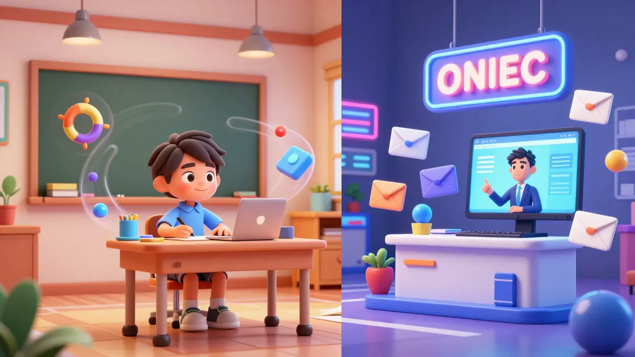 Comparison of a virtual classroom and a digital storefront in a polished 3D animation style.