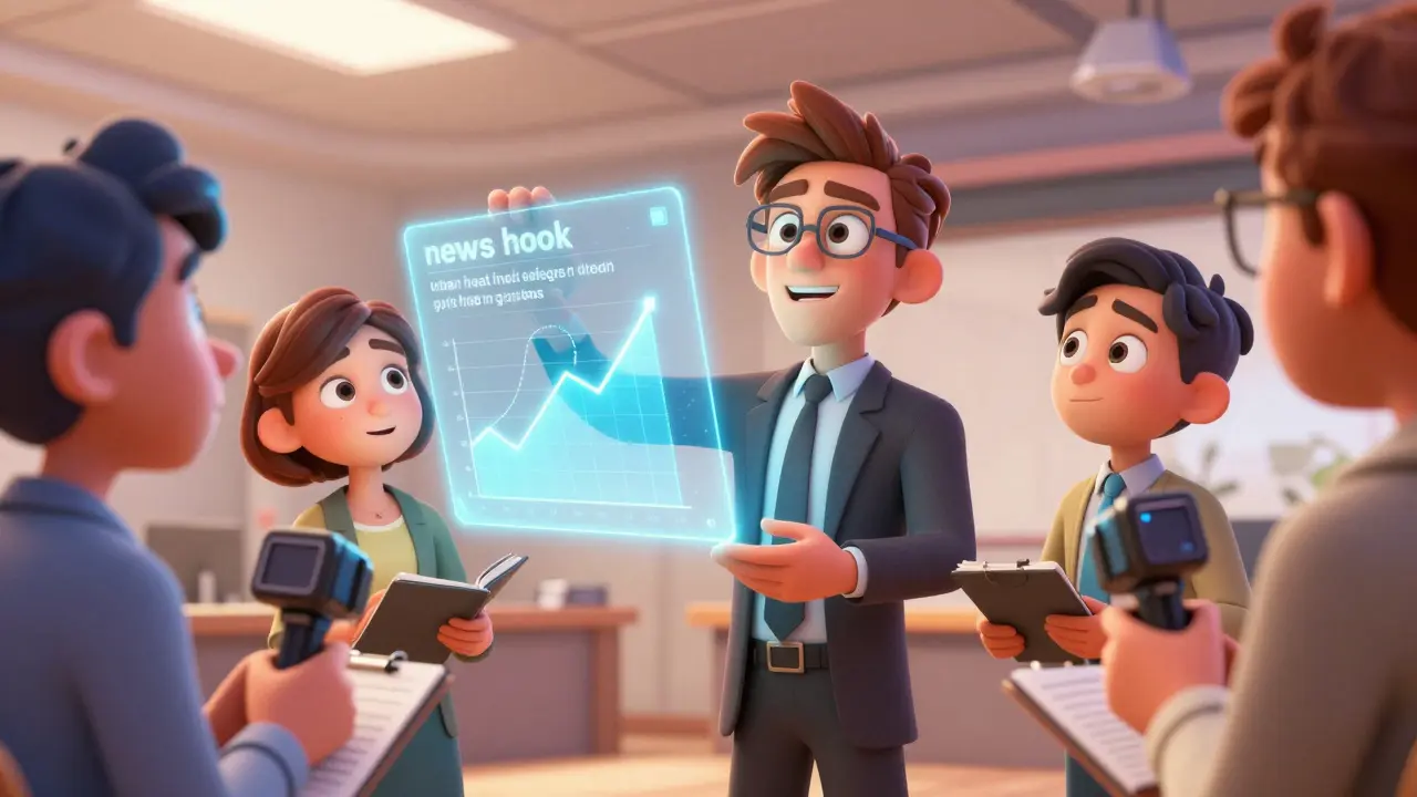 Confident expert presenting a trending topic to a group of interested journalists in a press room.