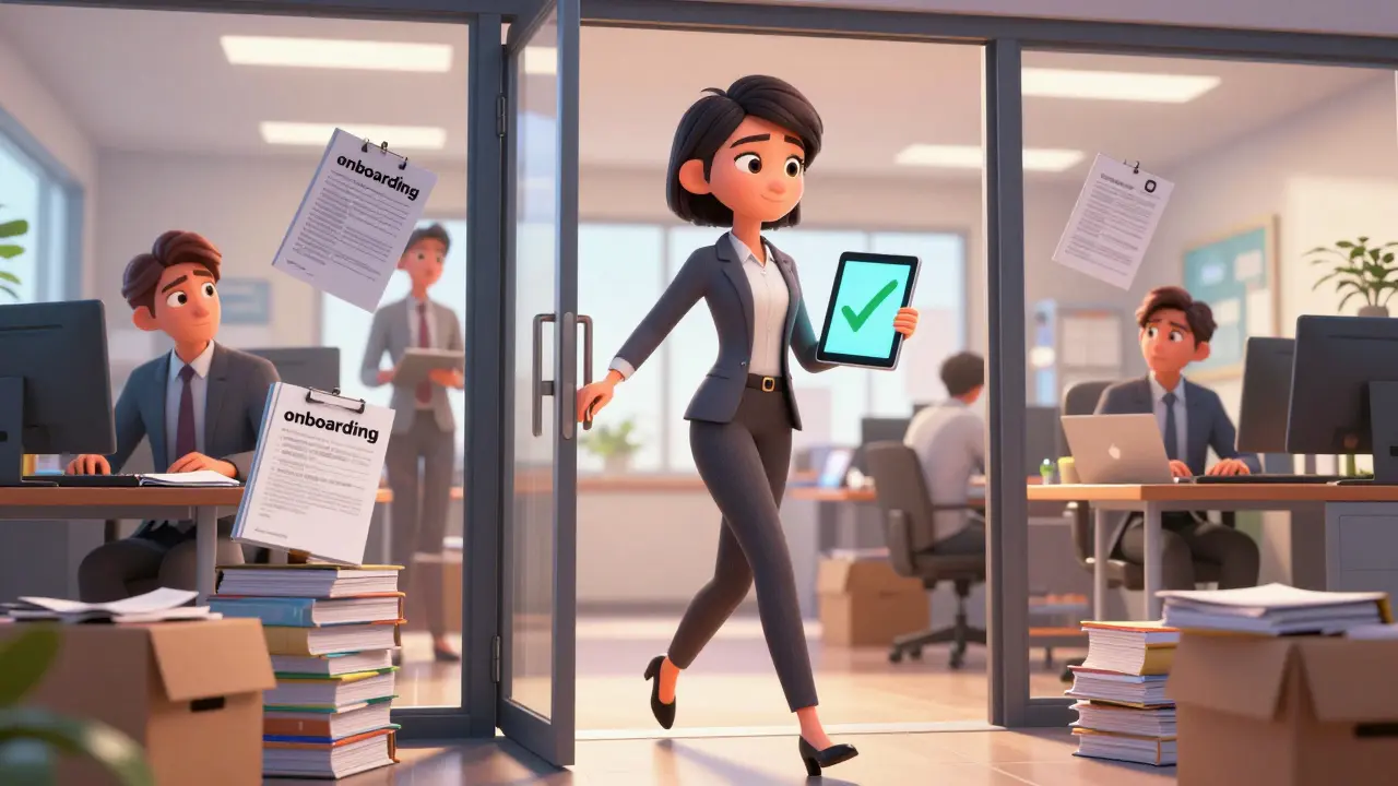 Confident graduate entering a modern office, ready to work on day one.