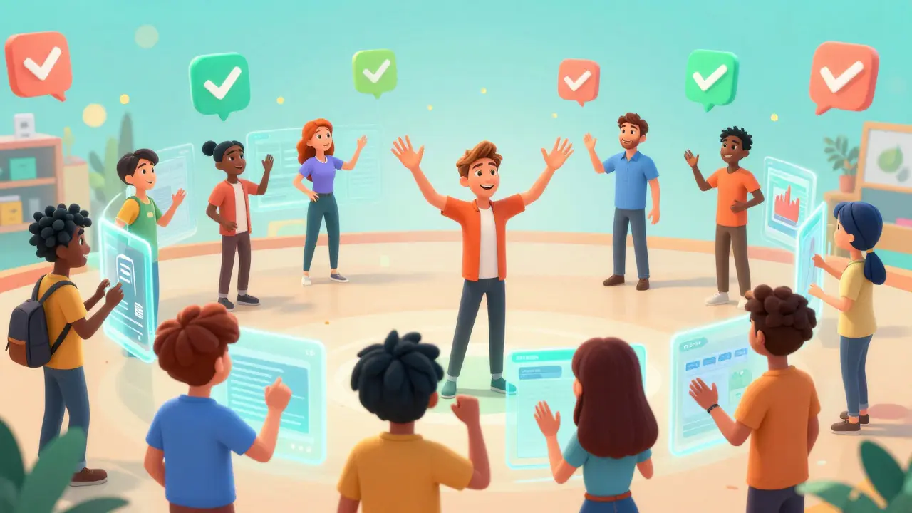 Group of diverse students interacting in a vibrant digital classroom