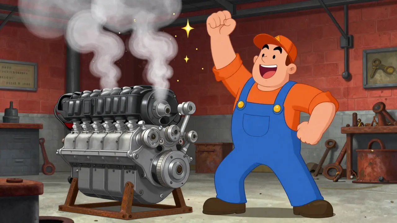 Happy mechanic inspecting a working machine with golden sparkles.