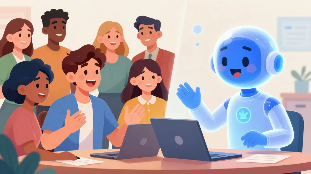 Learner interacting with a human tutor and a friendly AI avatar in a split-screen.