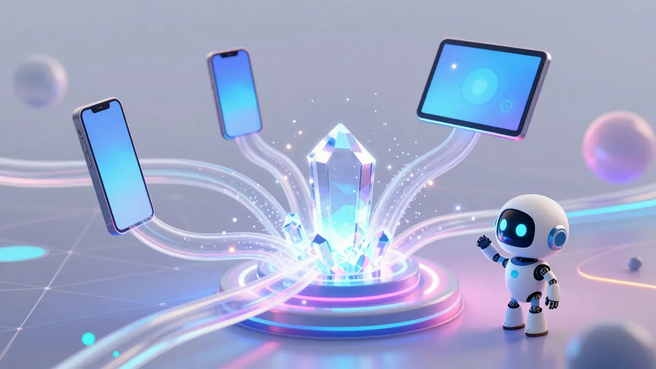 Magical data streams connecting devices to a central crystal.