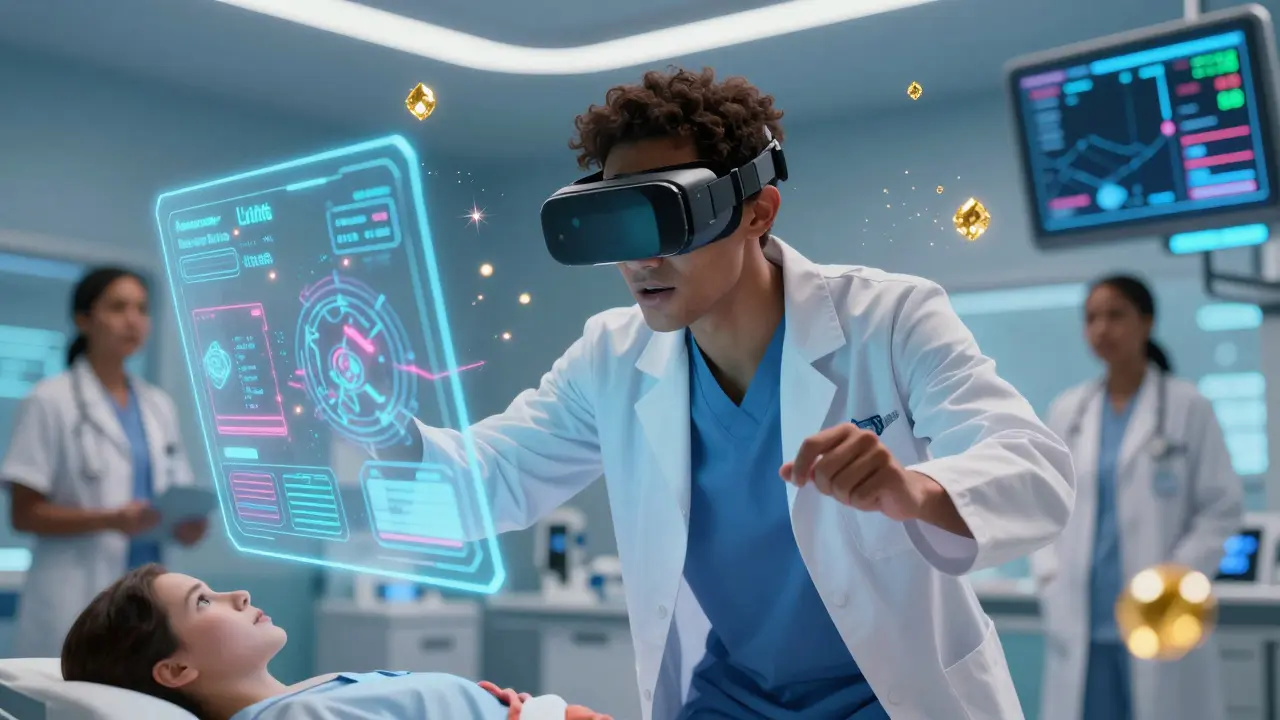 Medical student in a high-tech VR simulation with glowing holographic data and gold points