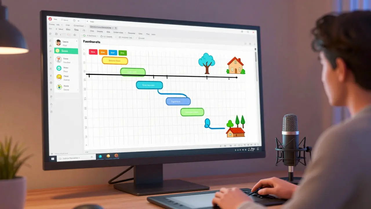 Modern workspace showing a storyboard and animated Gantt chart on a glowing monitor.