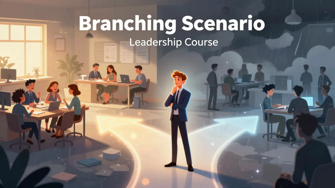 Professional character choosing between different narrative paths in a conceptual office