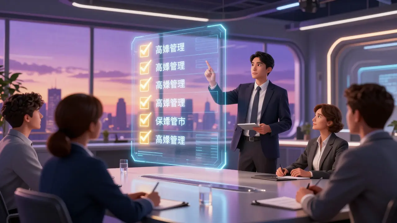 Professional leading a team with a holographic competency checklist showing mastered skills.