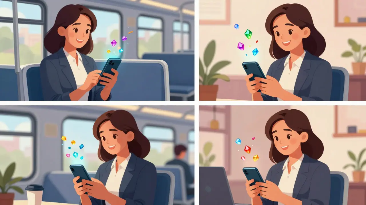 Professional woman using a smartphone for microlearning during her daily commute and breaks.