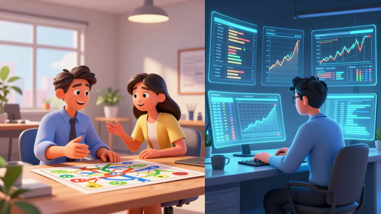 Split scene of a friendly financial planner with clients and a focused analyst with holographic data.