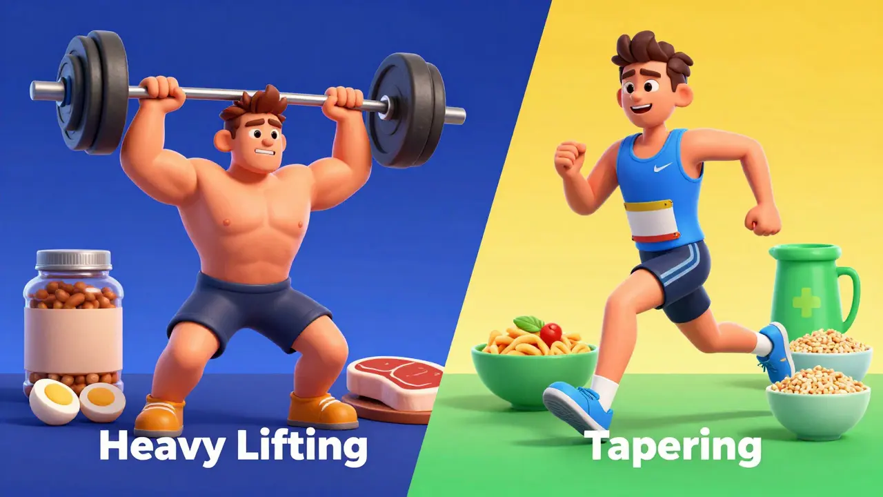 Split-screen showing different meal priorities for heavy lifting and race preparation phases