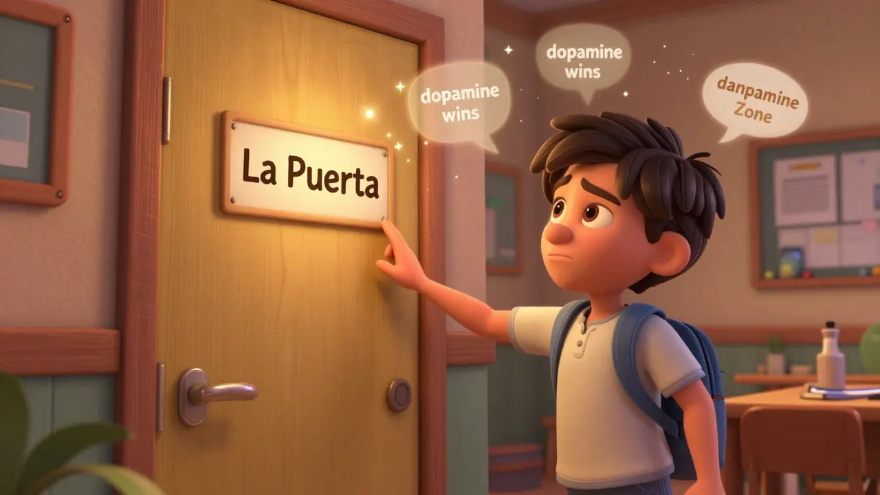 Student confidently touching a labeled door in a language learning zone