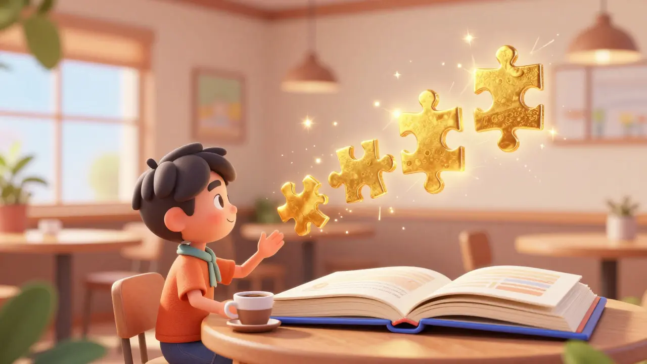 Student in a cafe completing small, glowing puzzle pieces representing micro-learning lessons.