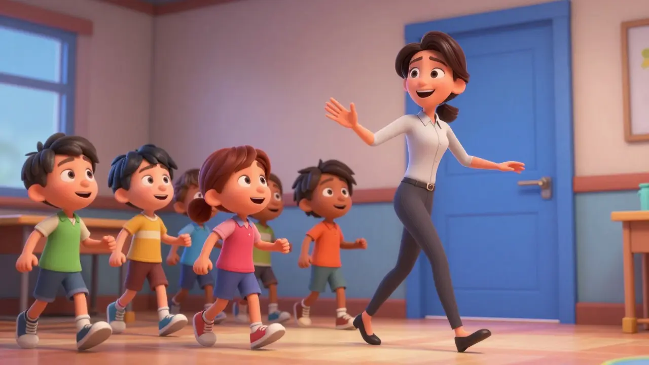 Students following a teacher's physical movement toward a door in a TPR language lesson