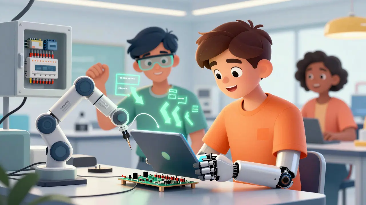 Students in a micro-lab using AR glasses and adaptive tech for electrical training.