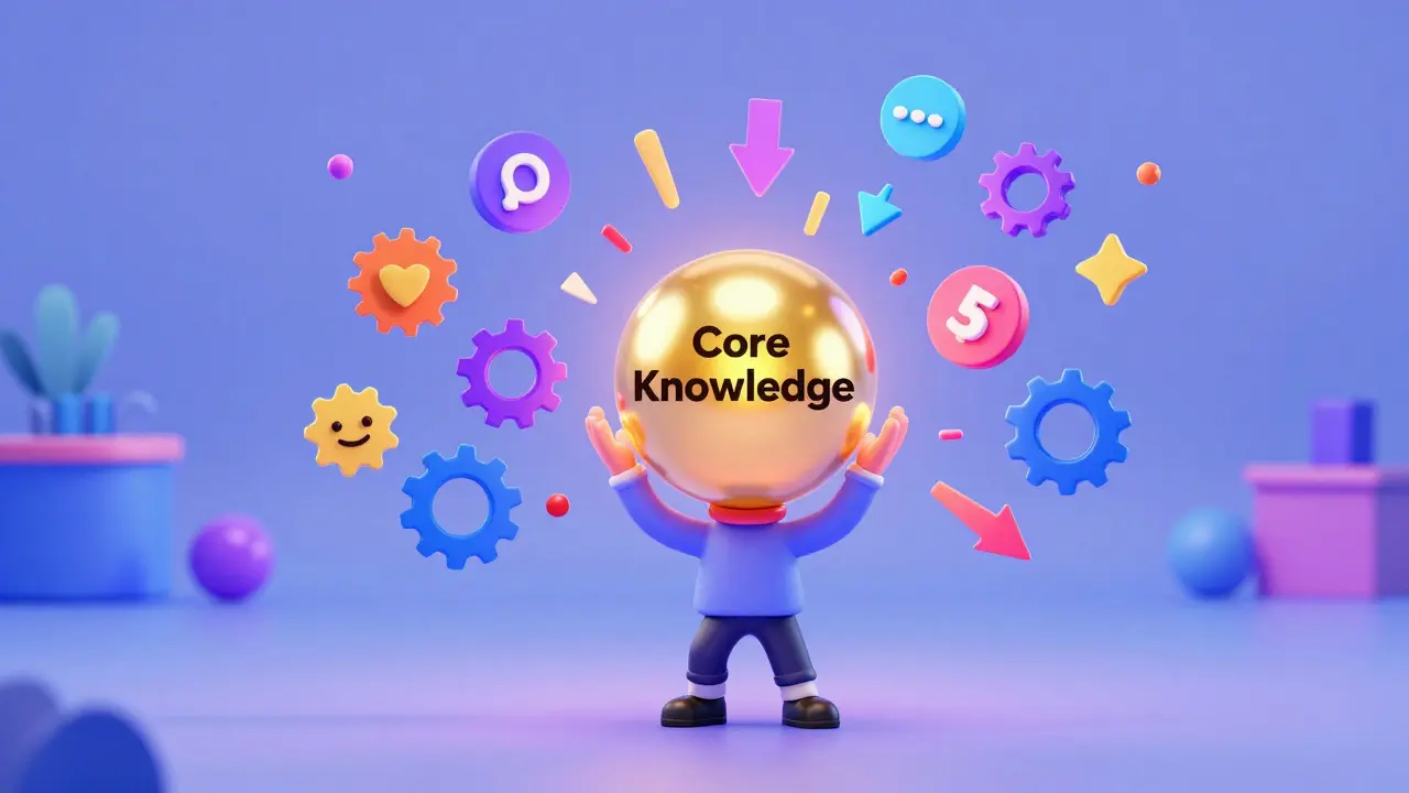 Stylized character balancing core knowledge while avoiding distracting colorful icons.