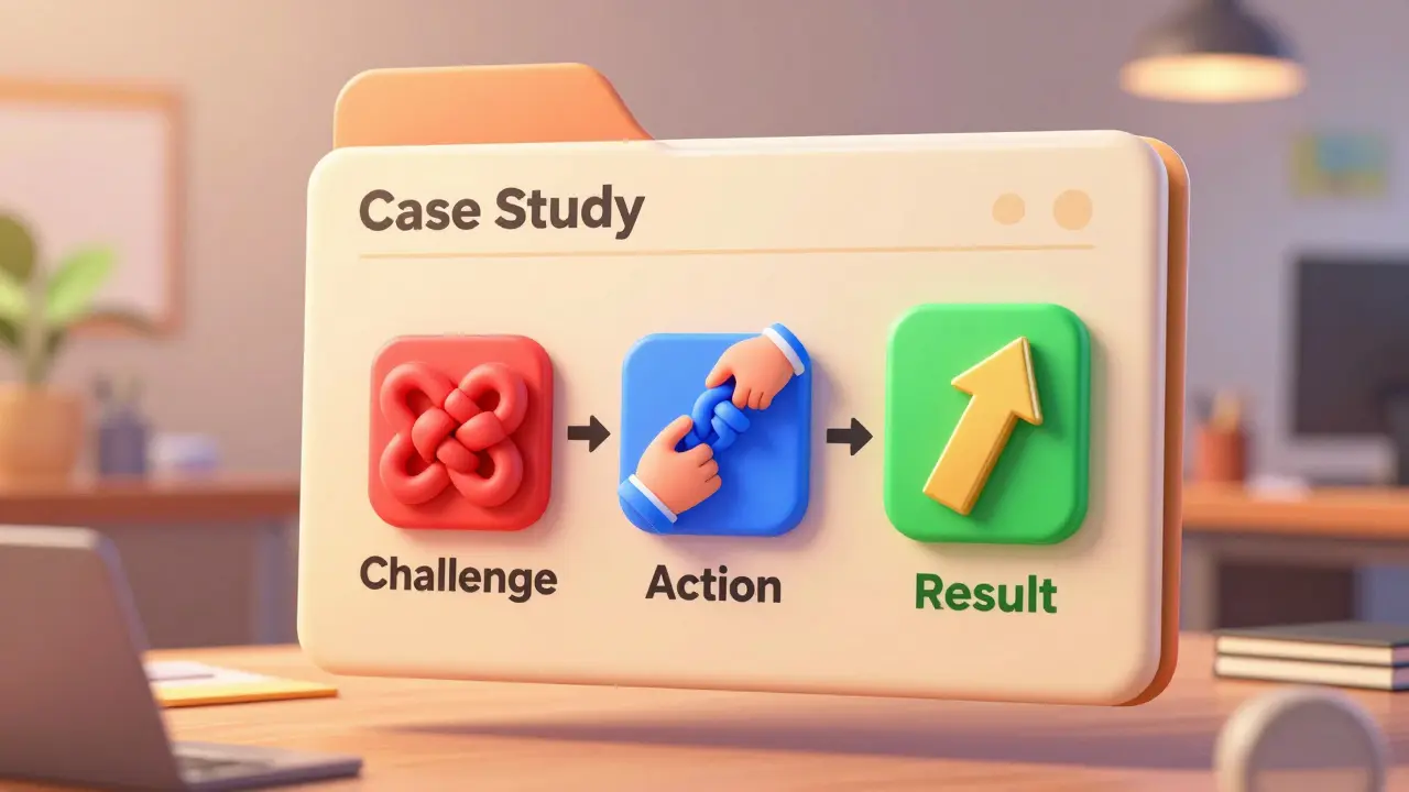Visual representation of the Challenge, Action, and Result framework within a professional case study.