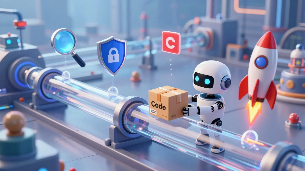 A friendly robot guides code through a futuristic automated testing and deployment pipeline.