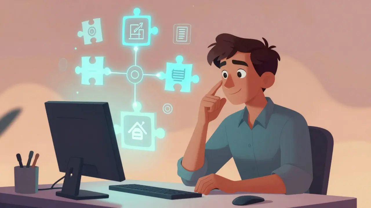 A professional engaging with floating, magical digital icons representing personalized adaptive learning.