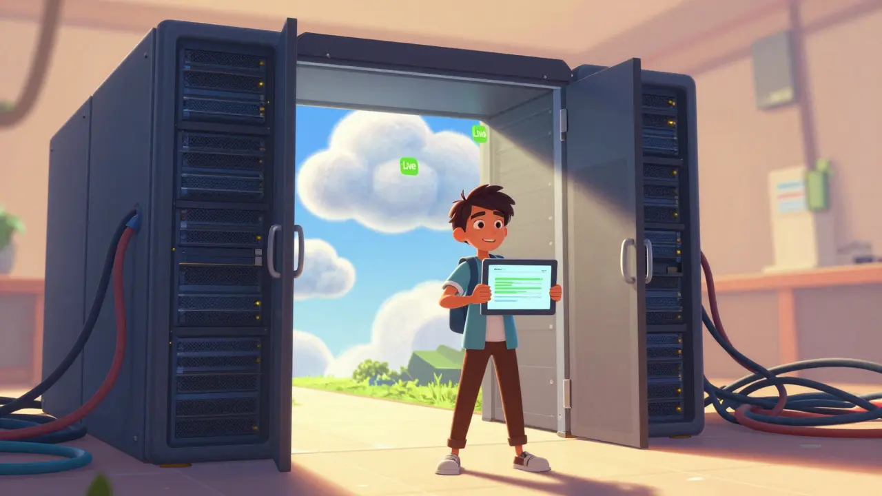 A student stands proudly before a server gateway opening to a cloud deployment platform.