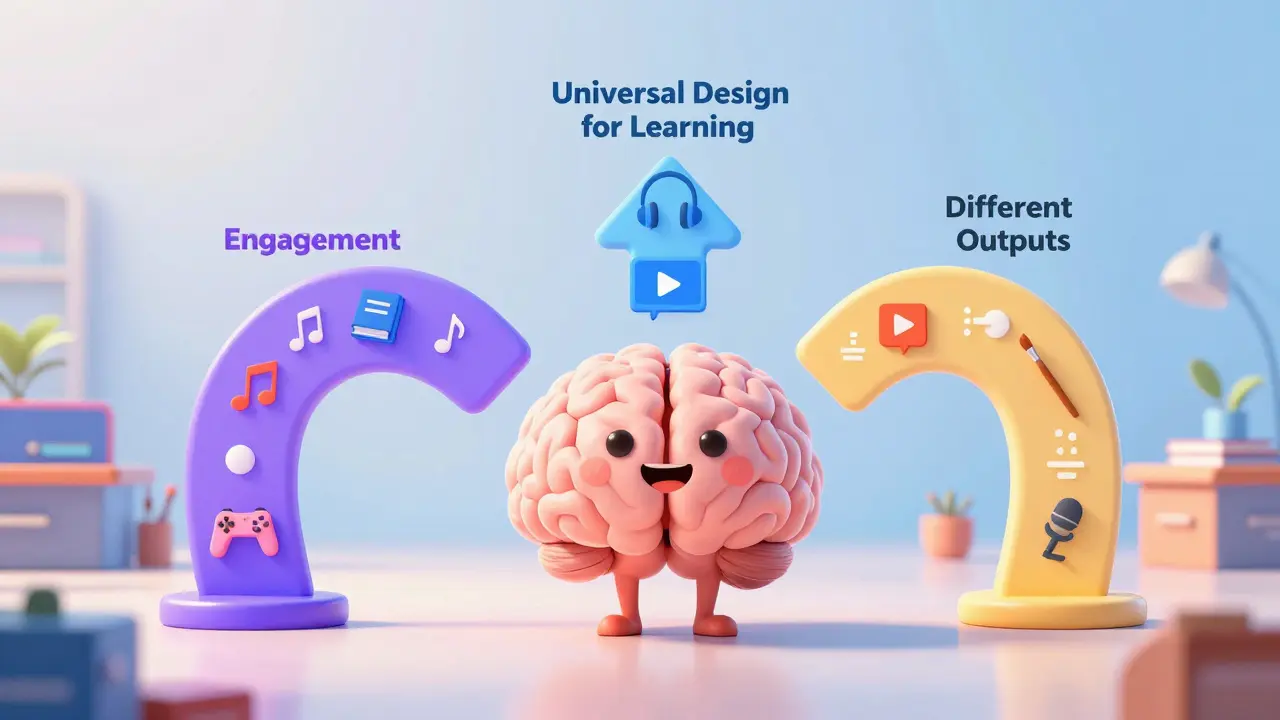Abstract brain character surrounded by three colorful UDL learning pathways.