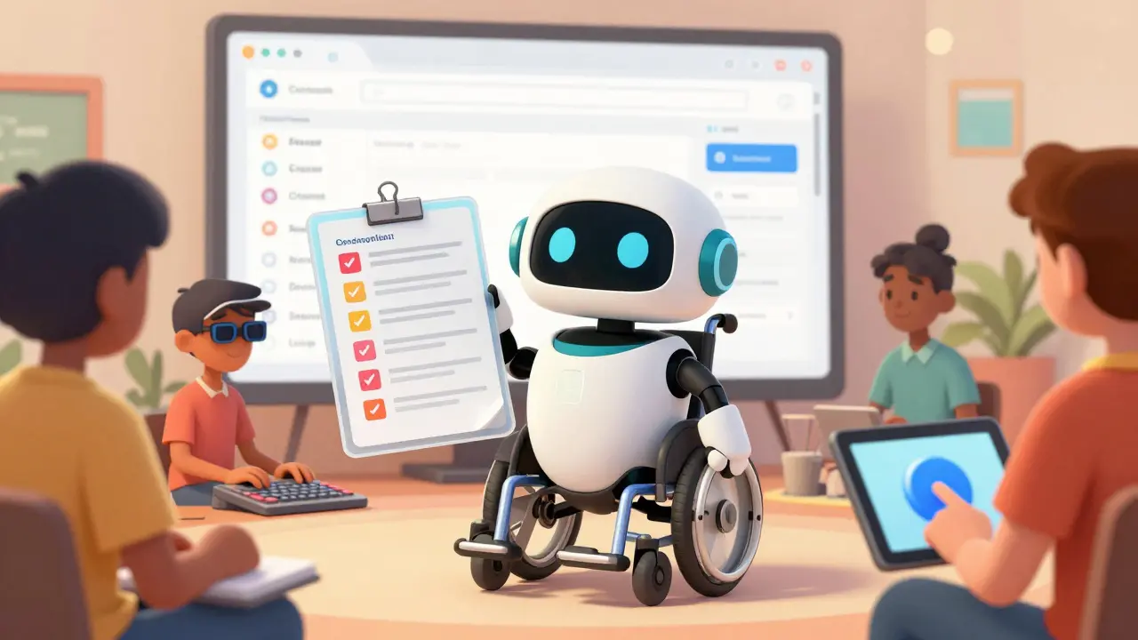 Accessibility mascot guiding students through inclusive design features
