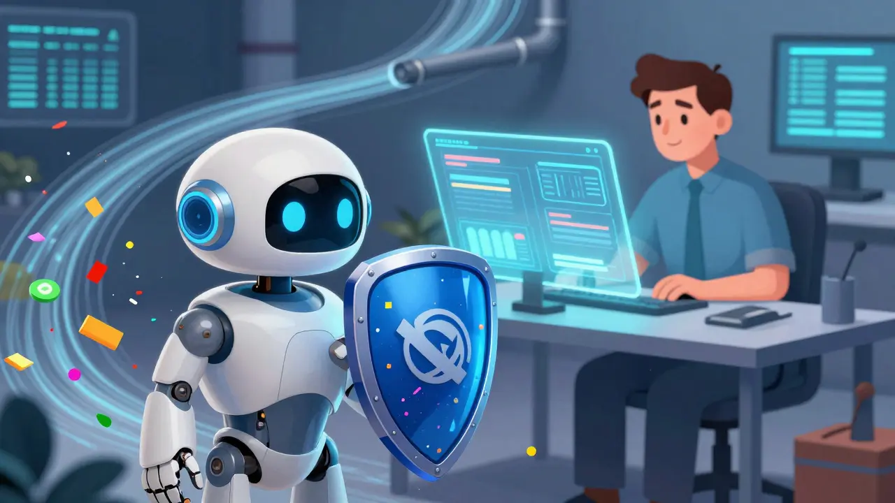 An AI robot and human moderator working together to filter content.