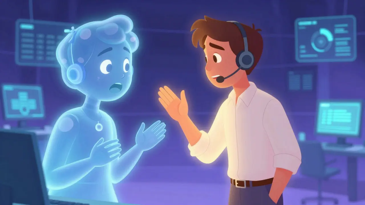 An employee practicing empathy in a dreamy VR simulation, highlighting human soft skills.