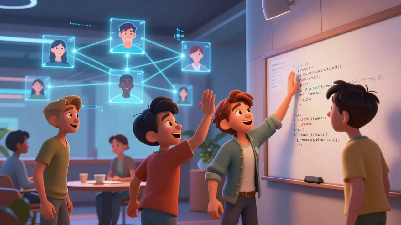 Animated students networking face-to-face versus connecting digitally online
