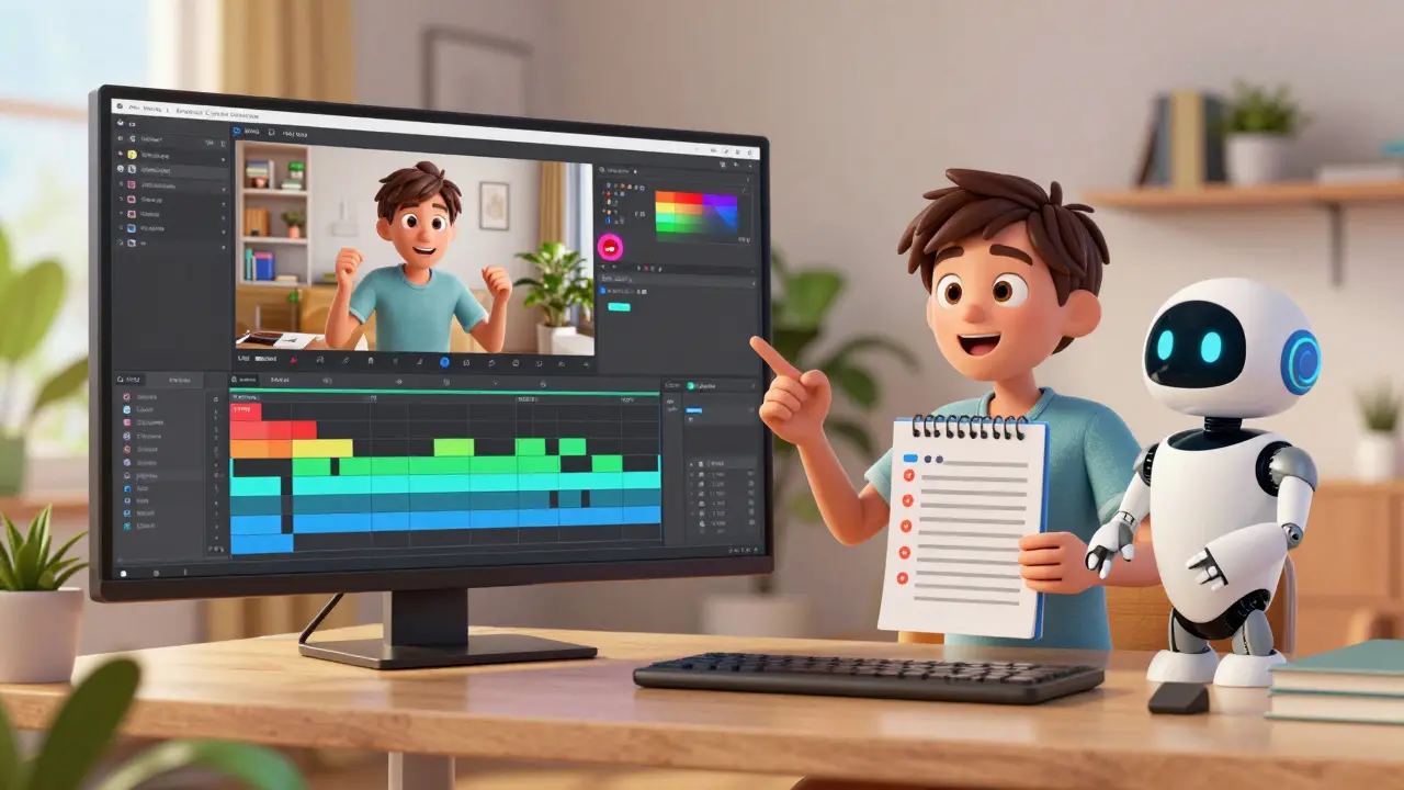 Animated teacher using video editing tools and AI assistant in home office