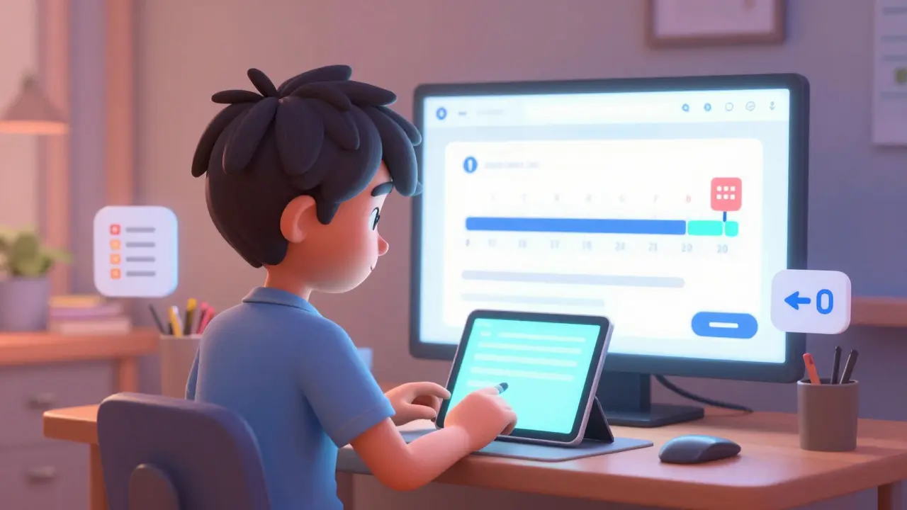 Calm student using an accessible, simplified digital learning interface.