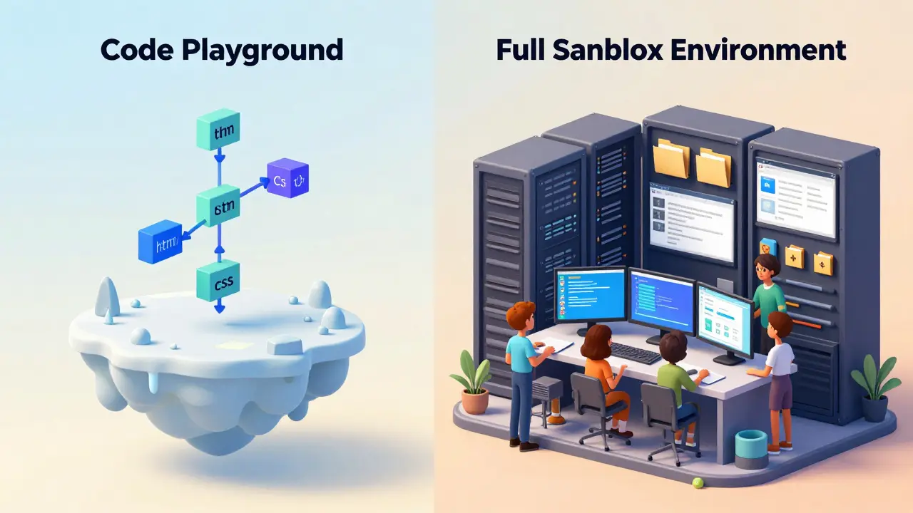 Cartoon comparison of lightweight code playground vs full sandbox environment