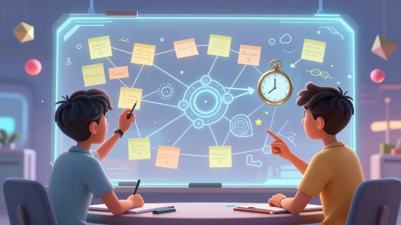 Cartoon students collaborating on a holographic whiteboard in groups