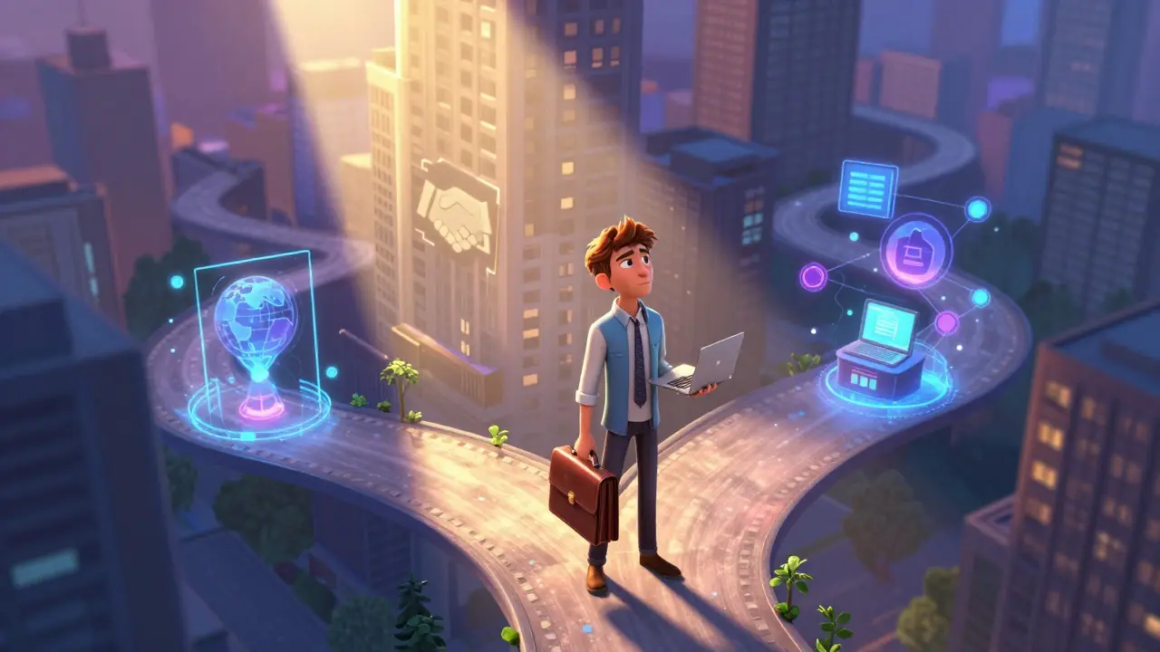 Character choosing between local job path and remote global career options