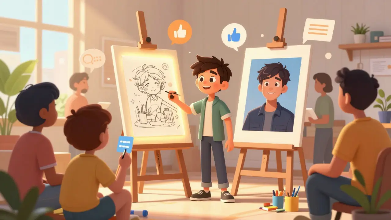 Character presenting a project sketch with peer feedback