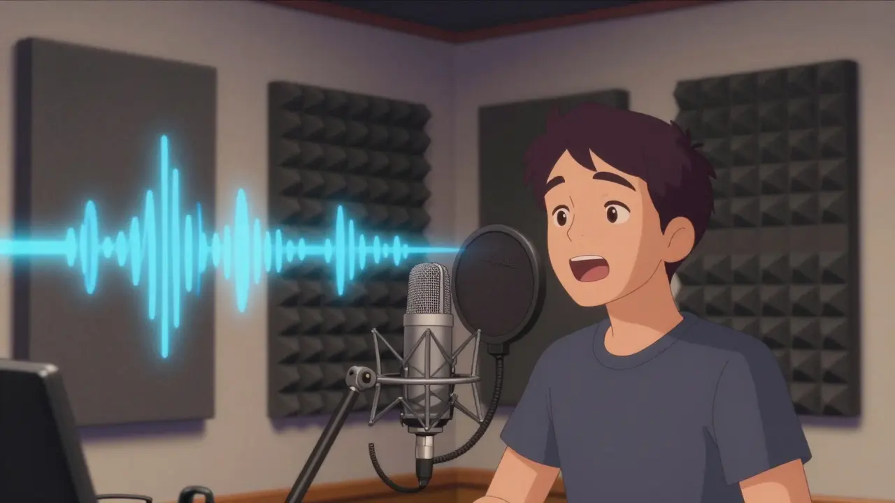 Character recording clear audio with professional acoustic panels and a reflection filter.
