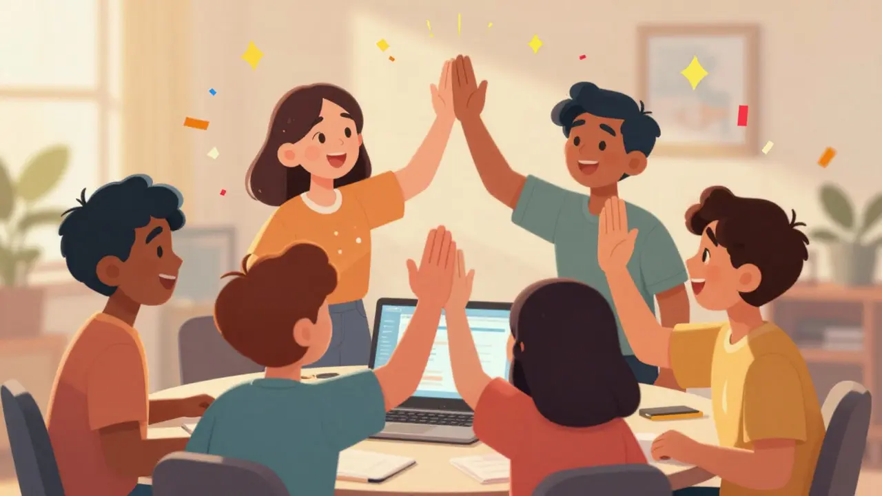 Cheerful cartoon characters celebrating academic success