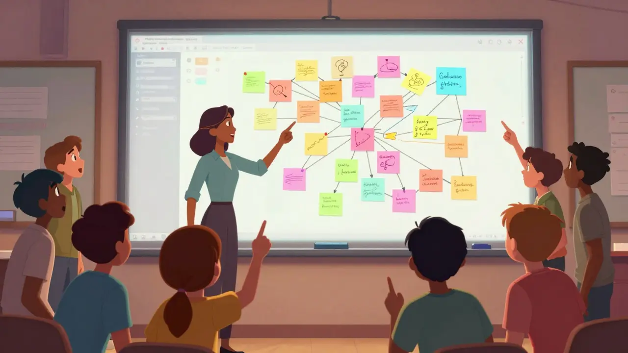 Class synthesizing breakout insights on a shared digital whiteboard.