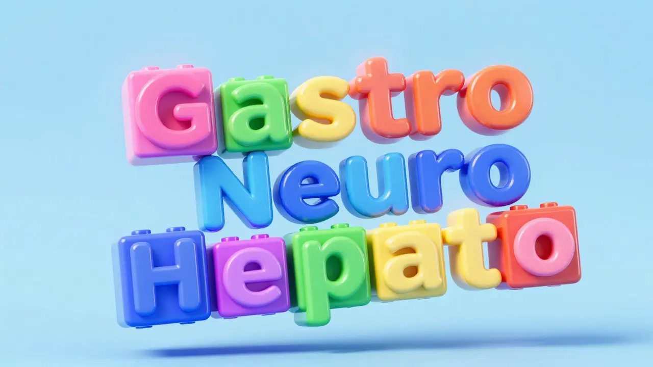 Colorful 3D letter blocks spelling medical roots like Gastro and Neuro