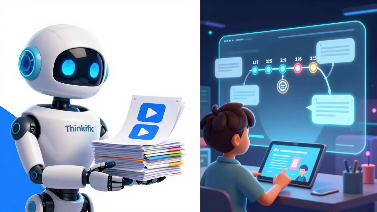 Comparison of Thinkific's simplicity vs LearnWorlds' interactive video features.