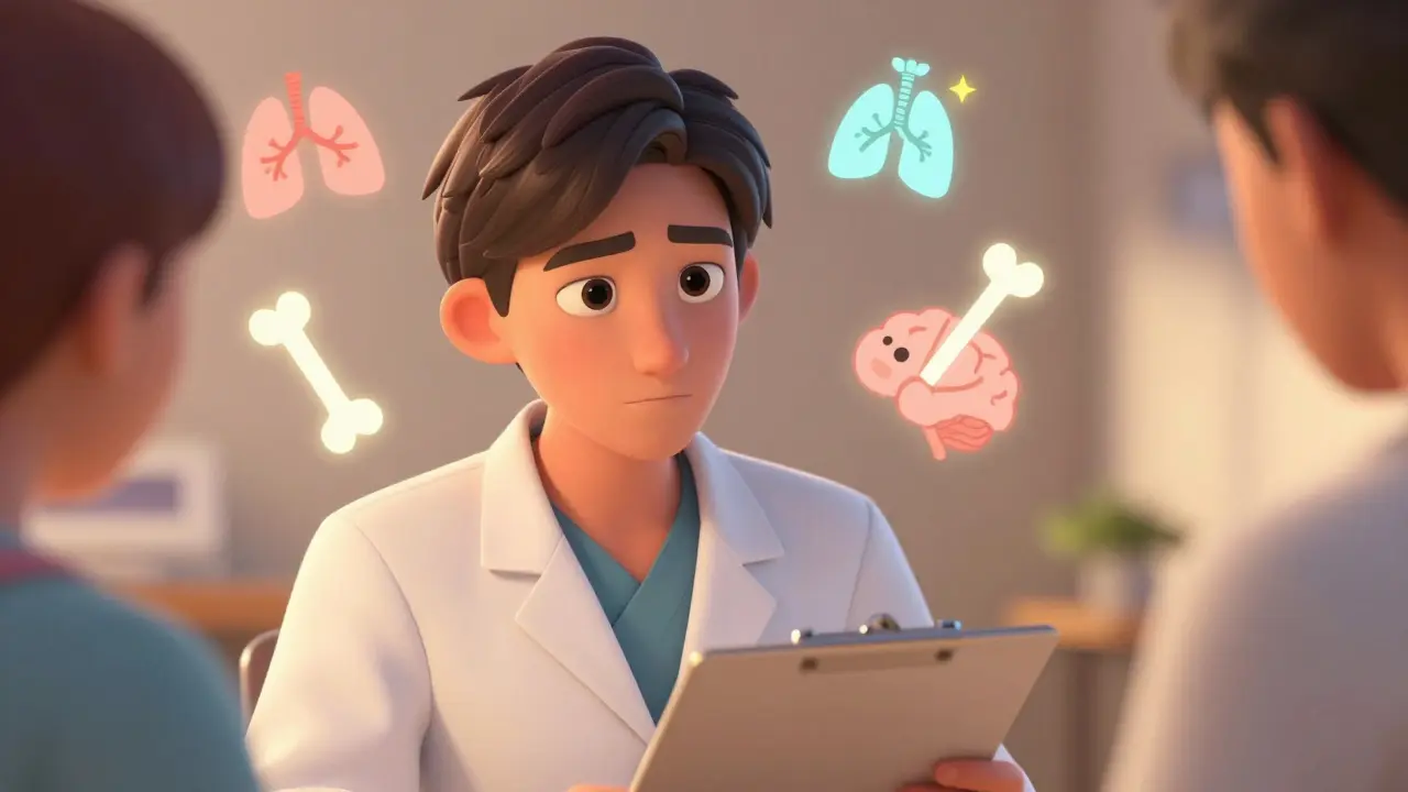 Confident nurse with floating icons of lungs, bones, and brains