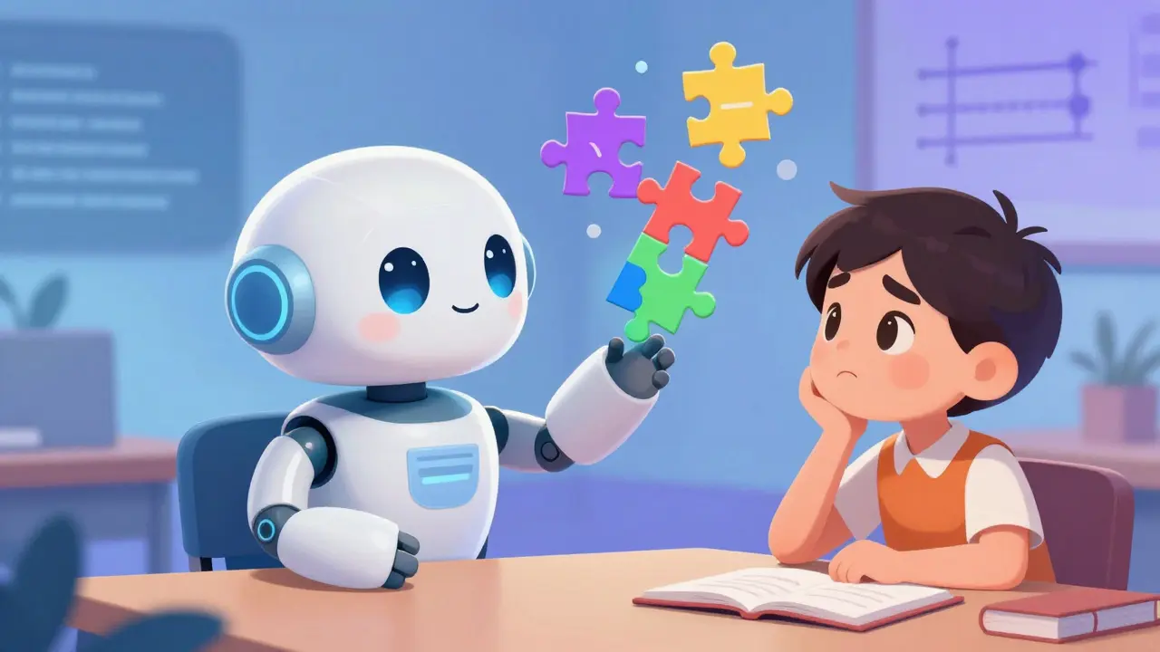 Cute AI robot tutor helping a student understand concepts with floating visuals.