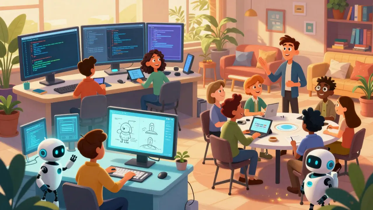 Diverse alumni groups collaborating in specialized, colorful digital spaces.