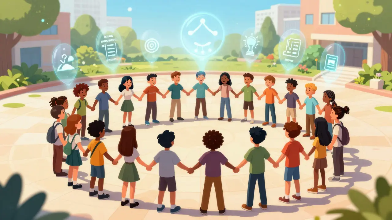 Diverse students forming a protective circle under glowing safety rules.