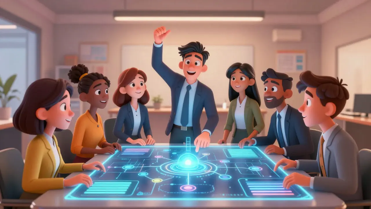 Diverse team collaborating around a holographic table during an engaging training session