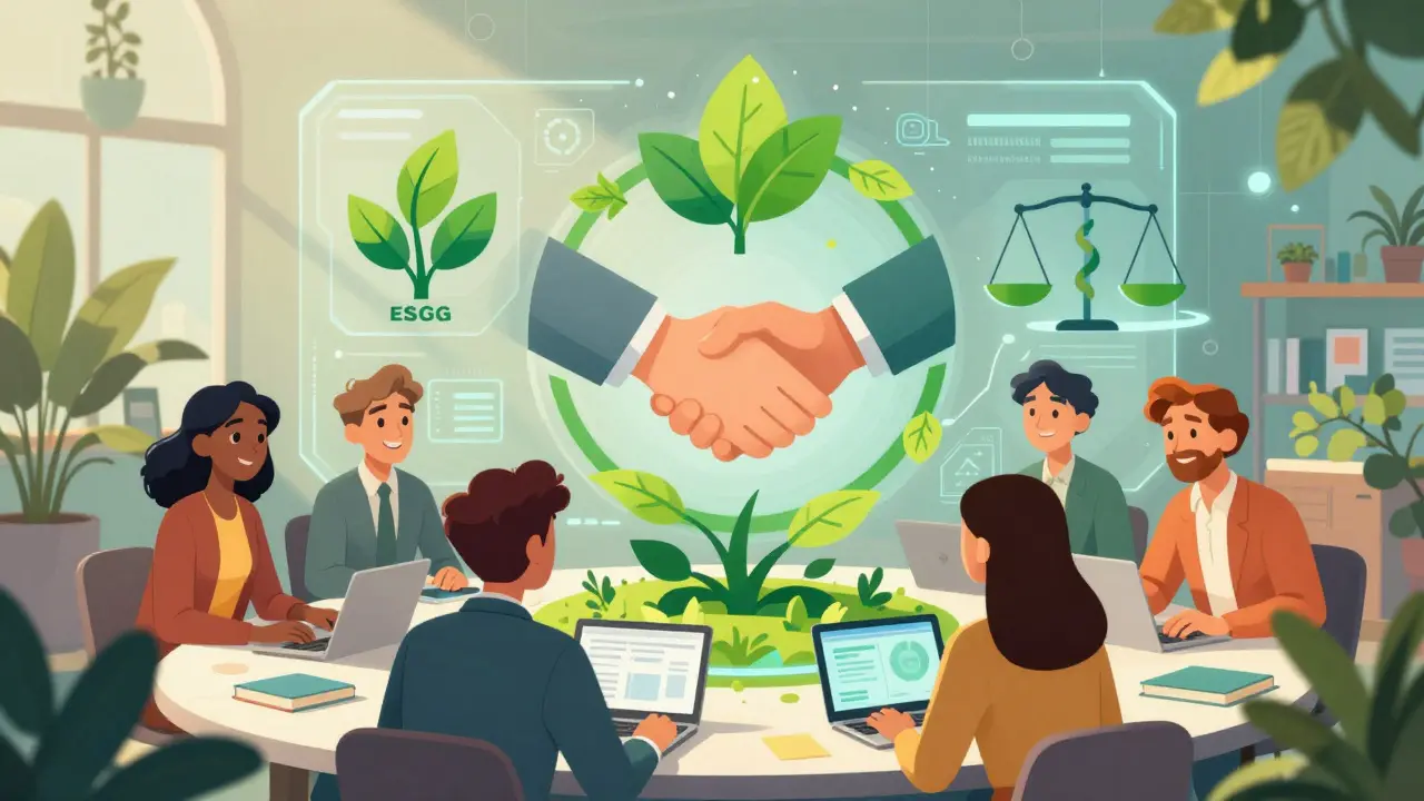 Diverse team collaborating on ESG metrics in a sunny, plant-filled modern office environment.