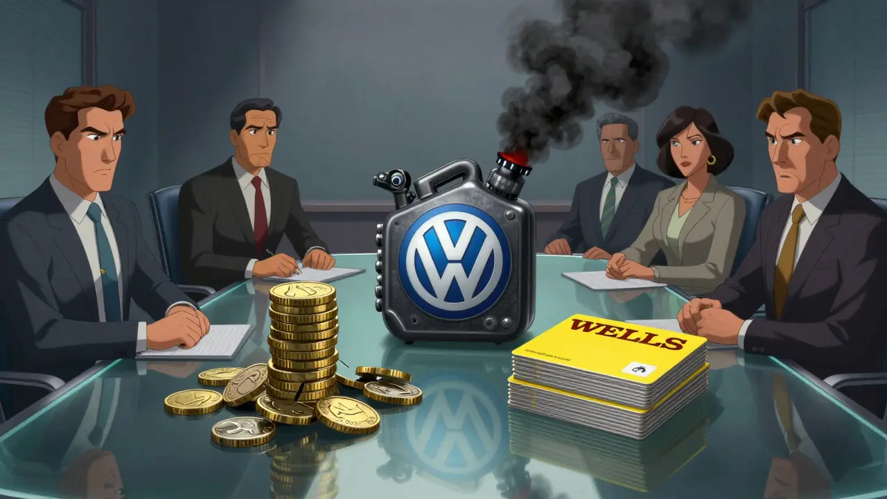 Dramatic boardroom scene with symbolic items representing major corporate scandals and ethical failures.