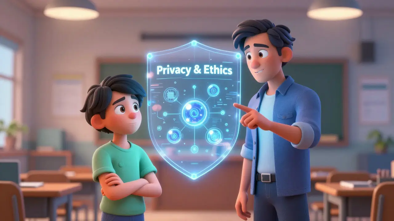 Educator and student reviewing protected data behind a privacy shield