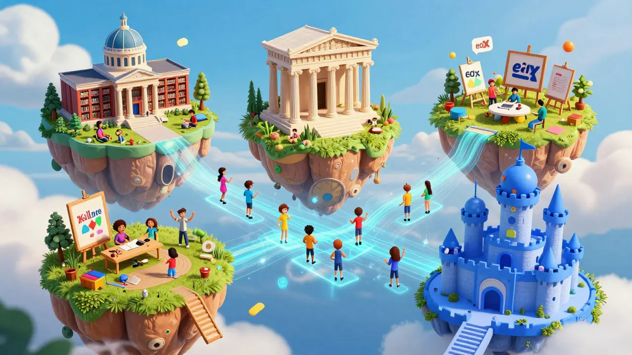 Fantasy map of four online learning platforms as floating islands.